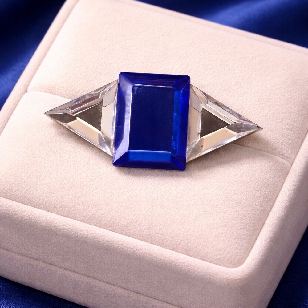 Vintage-Style Cobalt Blue & Clear Geometric Statement Brooch